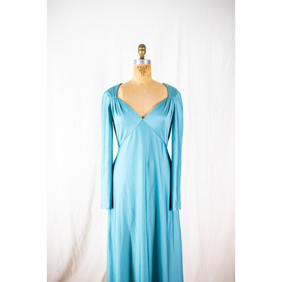 Vintage 70s Aqua Maxi Dress, Eva Gabor by Estevez Formal Evening Gown Retro Med - Picture 3 of 12